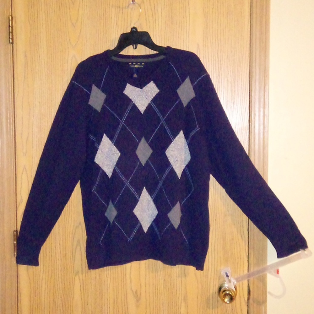 "CLUB ROOM" Dark blue/gray/tan diamond design long sleeve V-neck sweater SIZE:L